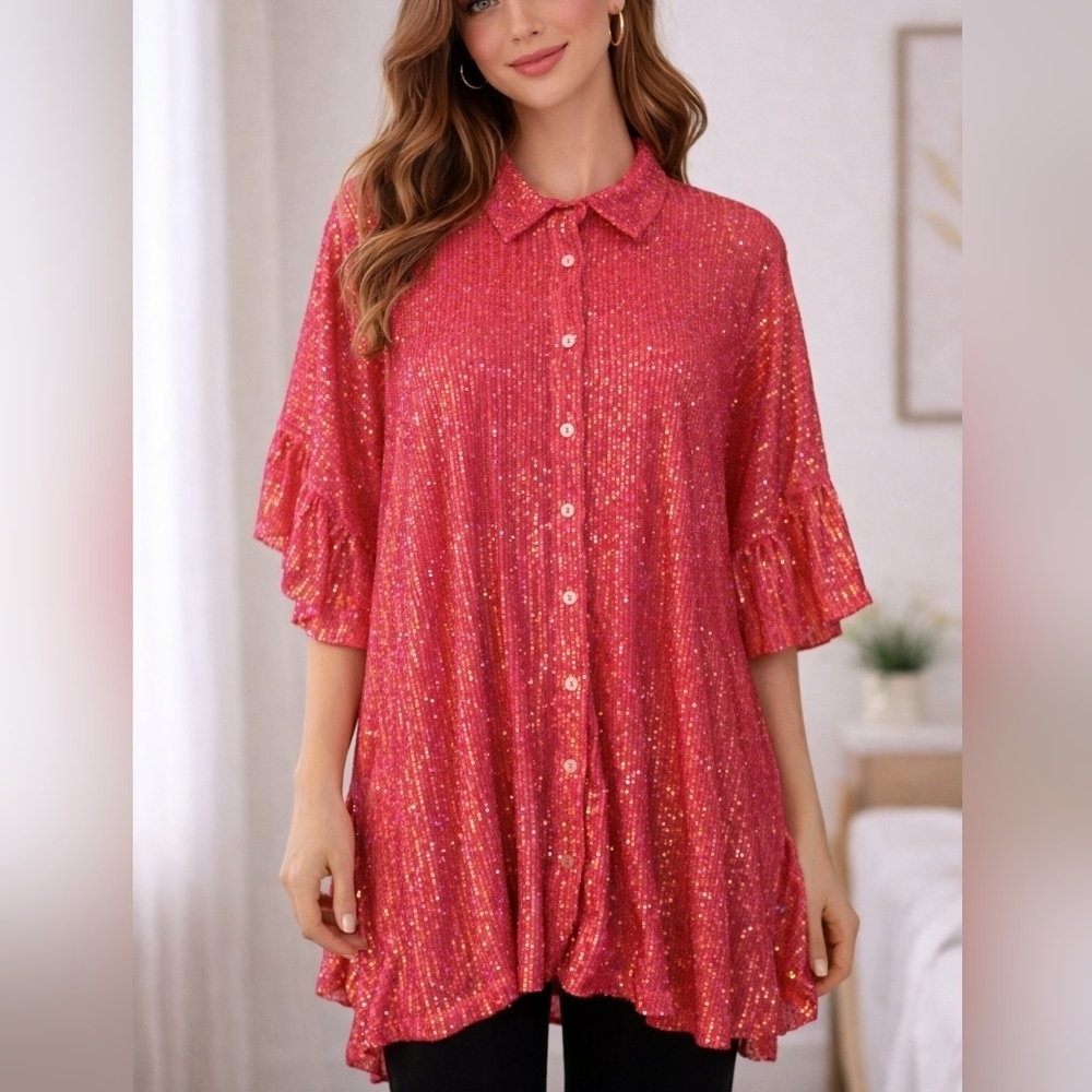 FANTASTIC FAWN Hot Pink Sequin Ruffled Oversized Button Down Shirt
